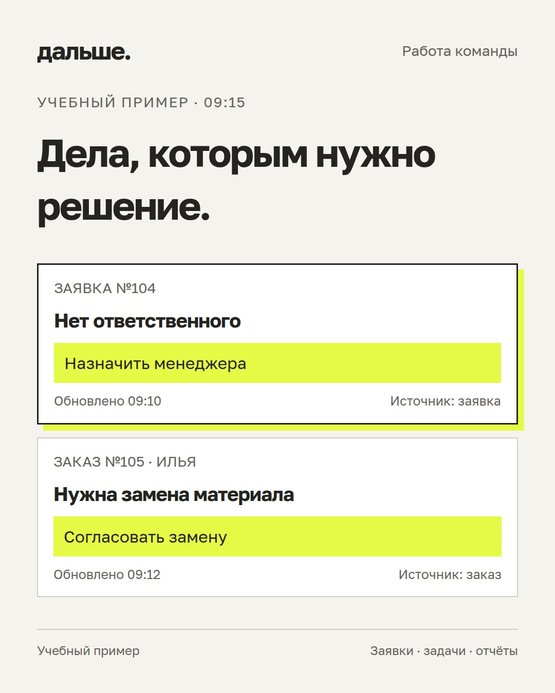 Пример сводки: заявка без ответственного и заказ, которому нужно согласование замены